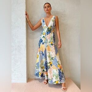 Commense Lemonade Print Lace Trim Long Dress